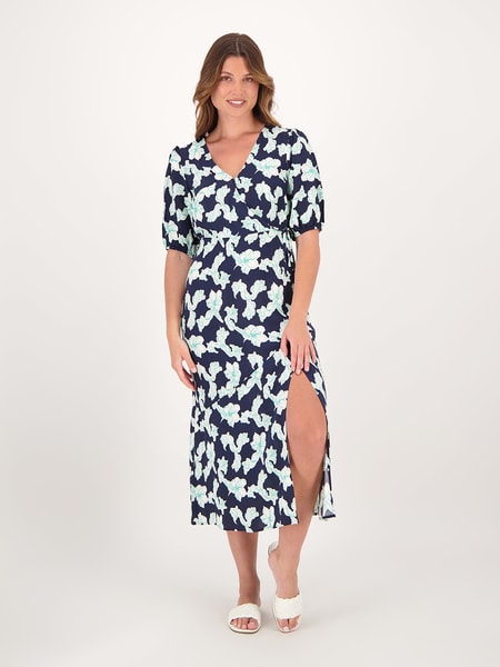 Blue Plus Size Floral Print Wrap Midi Dress