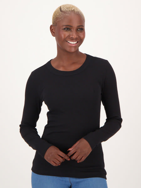 Black Womens Organic Cotton Long Sleeve Rib Top